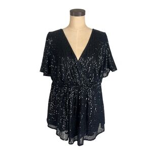 Torrid Black Sequin Surplice V-Neck Peplum Top Short Sleeve Size 1 Plus Size‎
